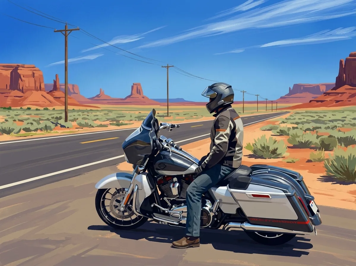 Vintage poster of a Harley-Davidson Street Glide parked on a desert highway with red buttes on the horizon