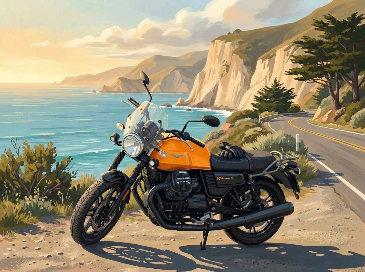 Vintage poster of an orange Moto Guzzi V7 parked above a coastal highway with cliffs and ocean