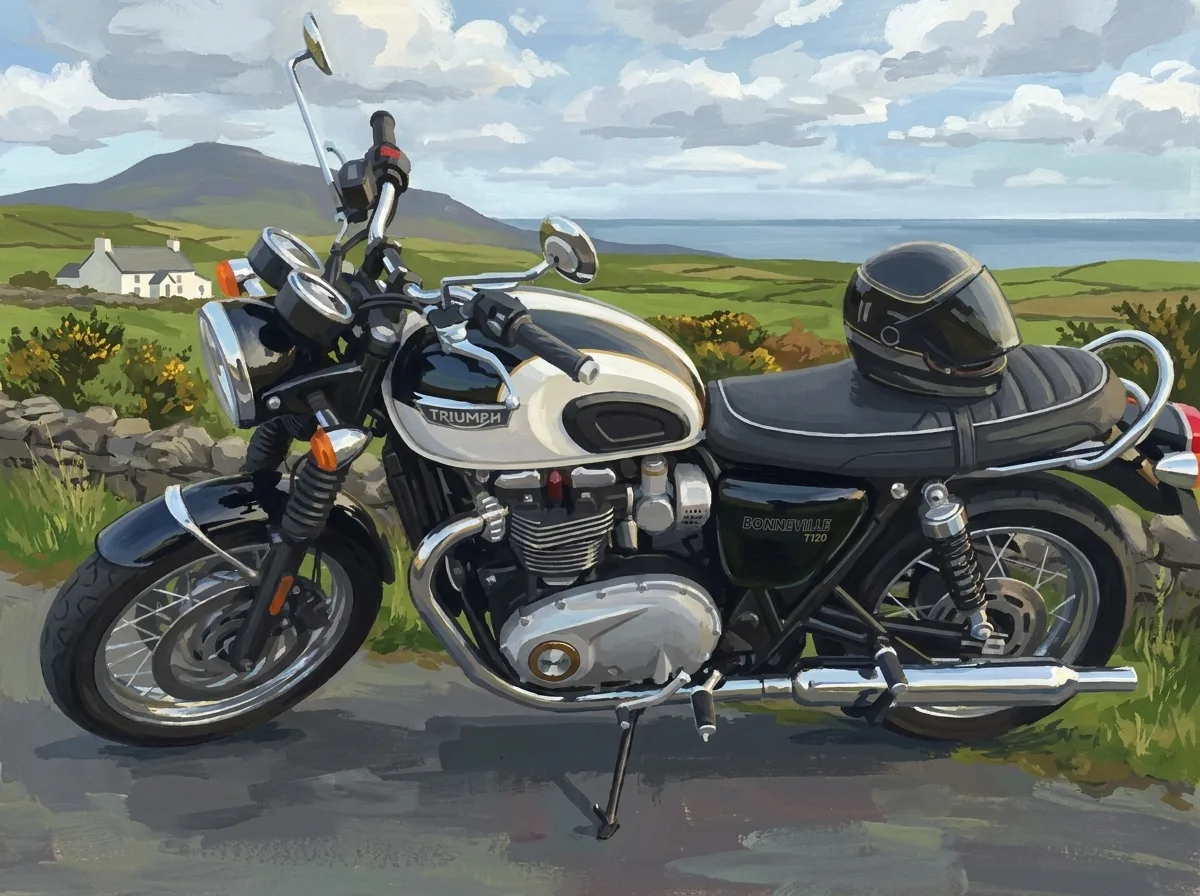 Vintage poster of a Triumph Bonneville T120 parked on a coastal road with a helmet on the seat