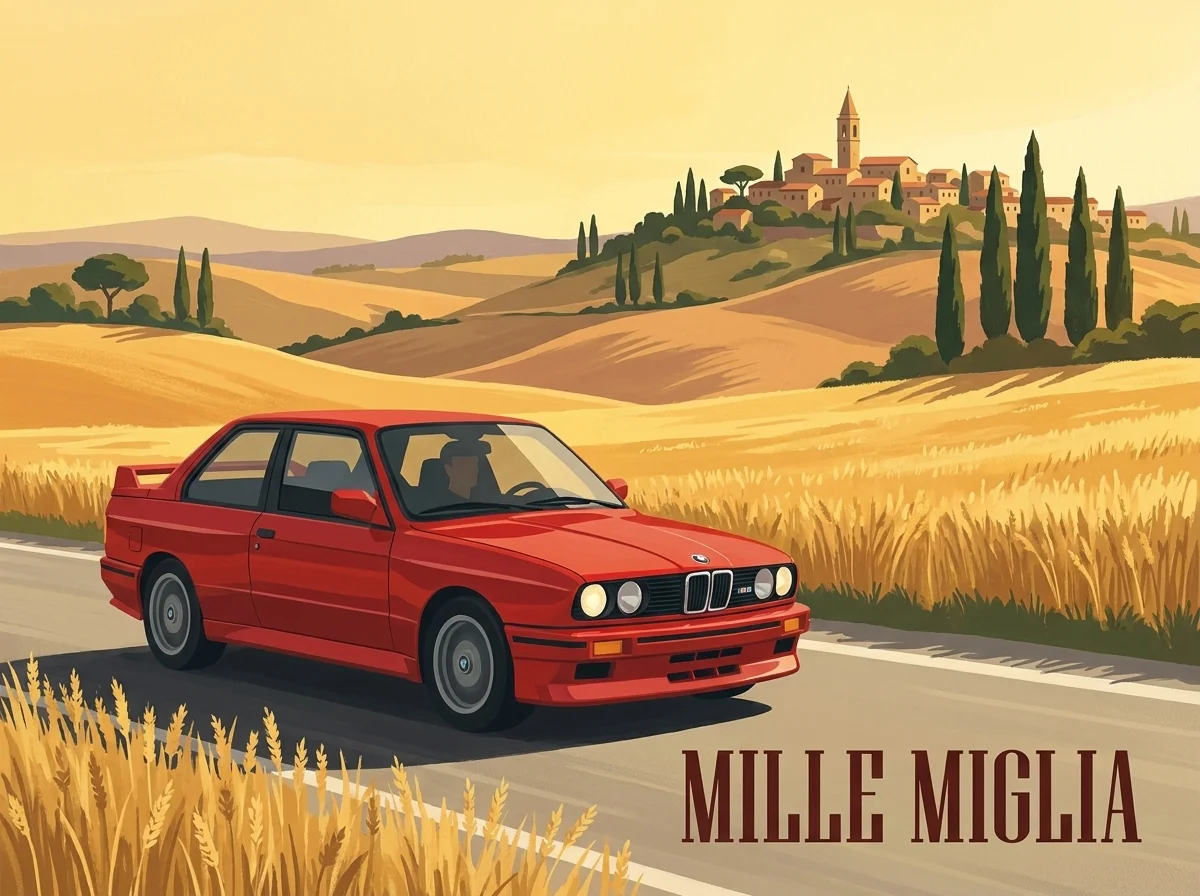 Red BMW E30 M3 on an Italian country road through wheat fields under a Mille Miglia headline