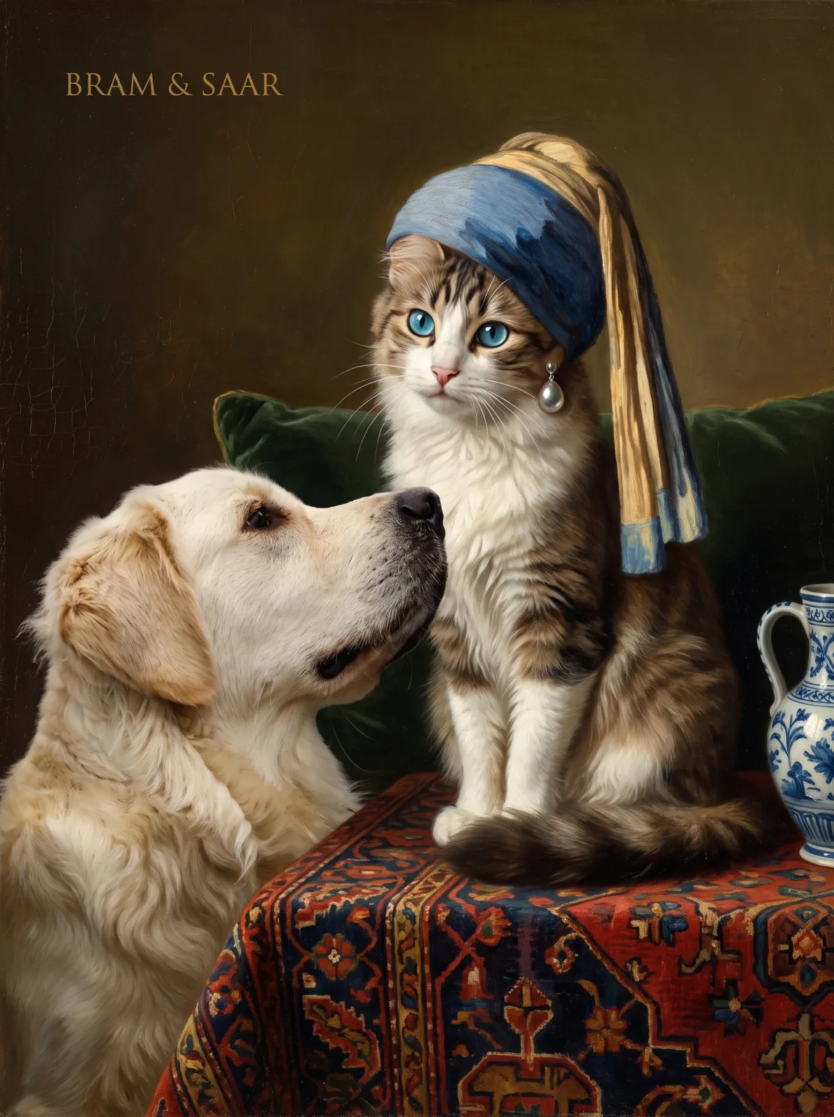Old Master style portrait of a blue-eyed tabby cat wearing a pearl earring and blue turban beside a golden retriever