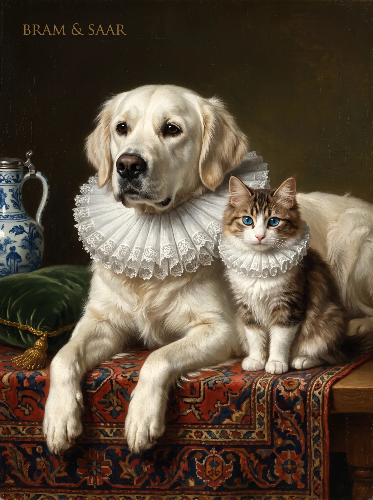 Old Master style portrait of a golden retriever and a tabby cat each wearing a white lace ruff collar