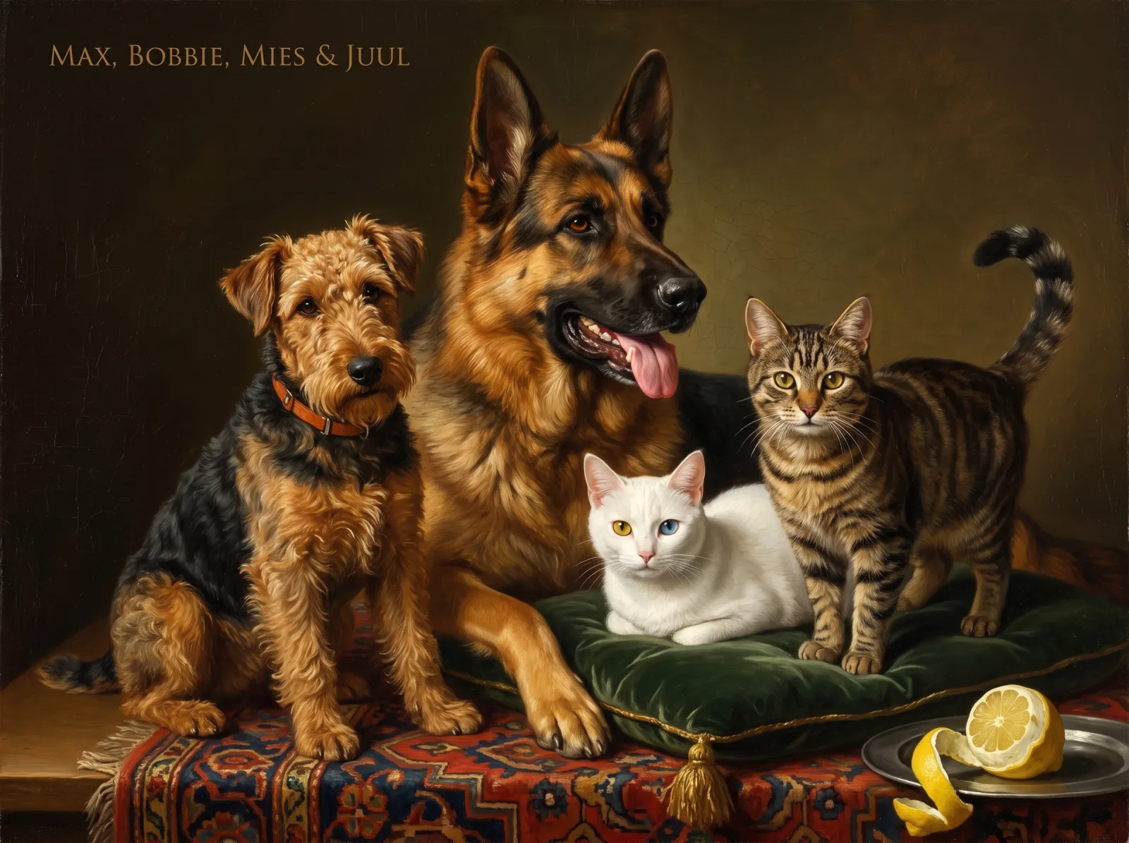 Old Master style group portrait of an Airedale, a German shepherd, a white cat and a tabby on a green cushion and Turkish carpet