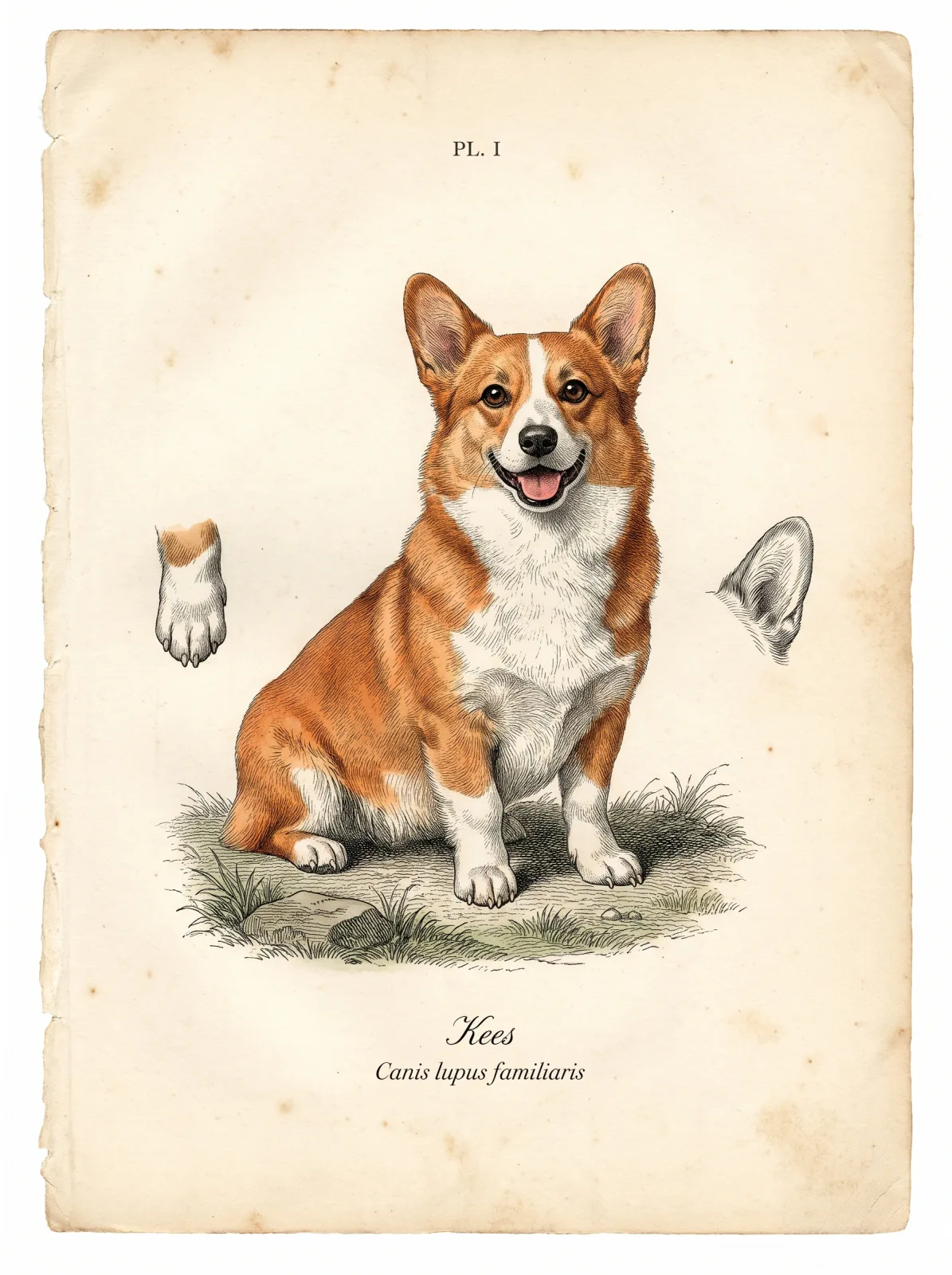 Field Study style portrait of a fawn and white corgi on a cream atlas page, captioned Kees