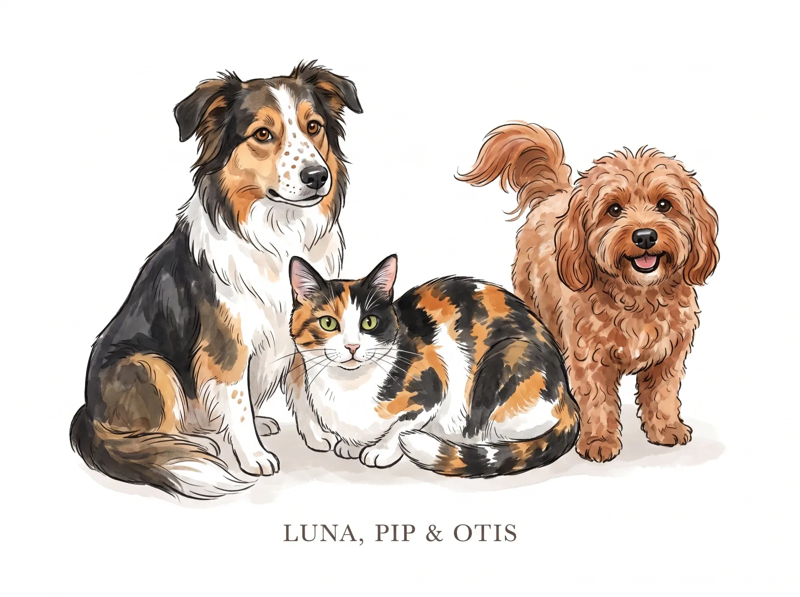 Studio Minimal ink and watercolor portrait of a collie, a calico cat and a cavapoo on white