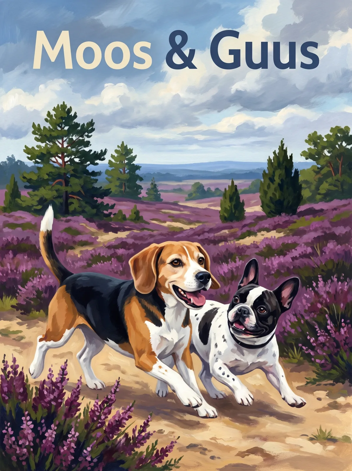 Vintage poster of a beagle and a French bulldog running through purple heather, titled Moos & Guus