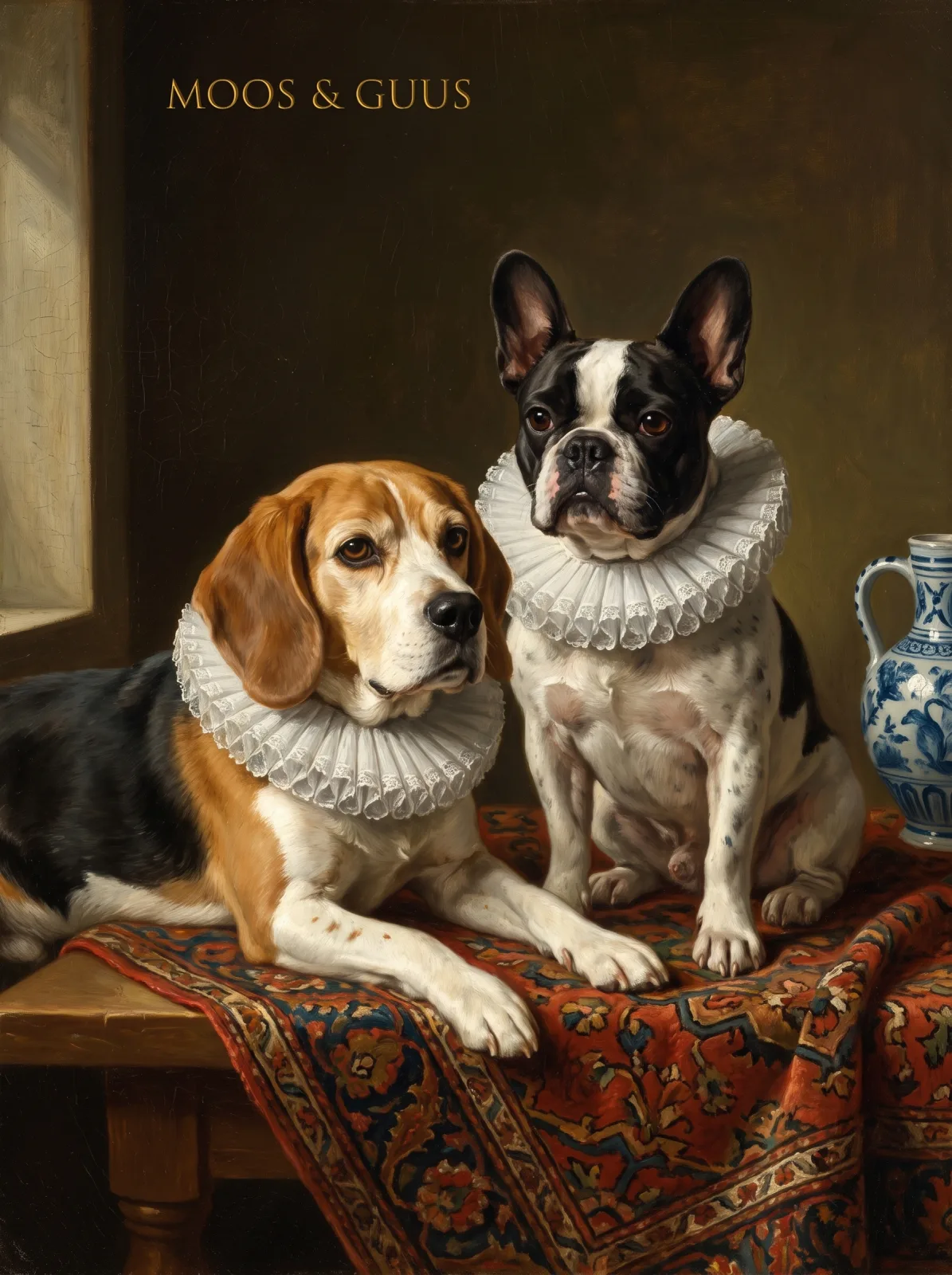 Old Master style portrait of a beagle and a French bulldog wearing white lace ruff collars