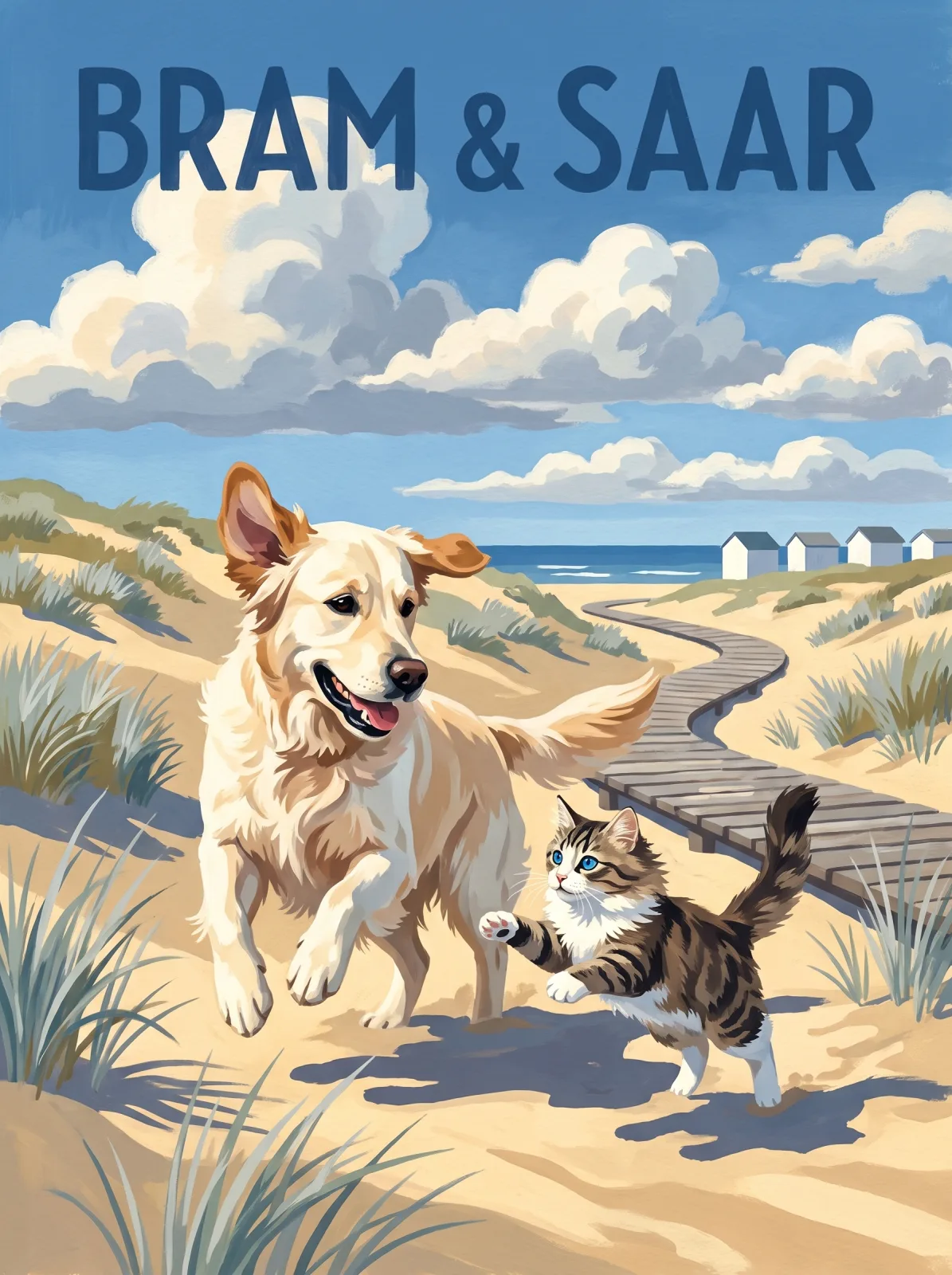 Vintage poster of a golden retriever and a tabby cat playing in the dunes, titled Bram & Saar