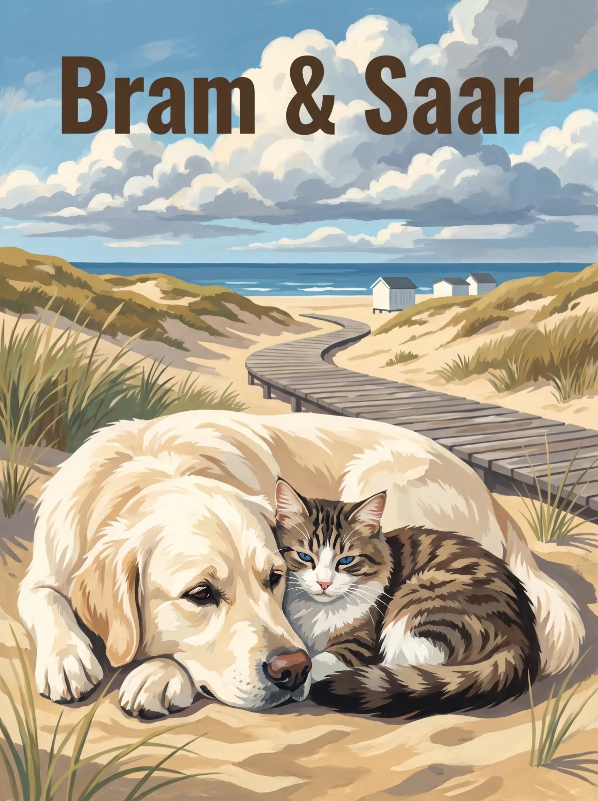 Vintage poster of a golden retriever and a tabby cat asleep together in the dunes