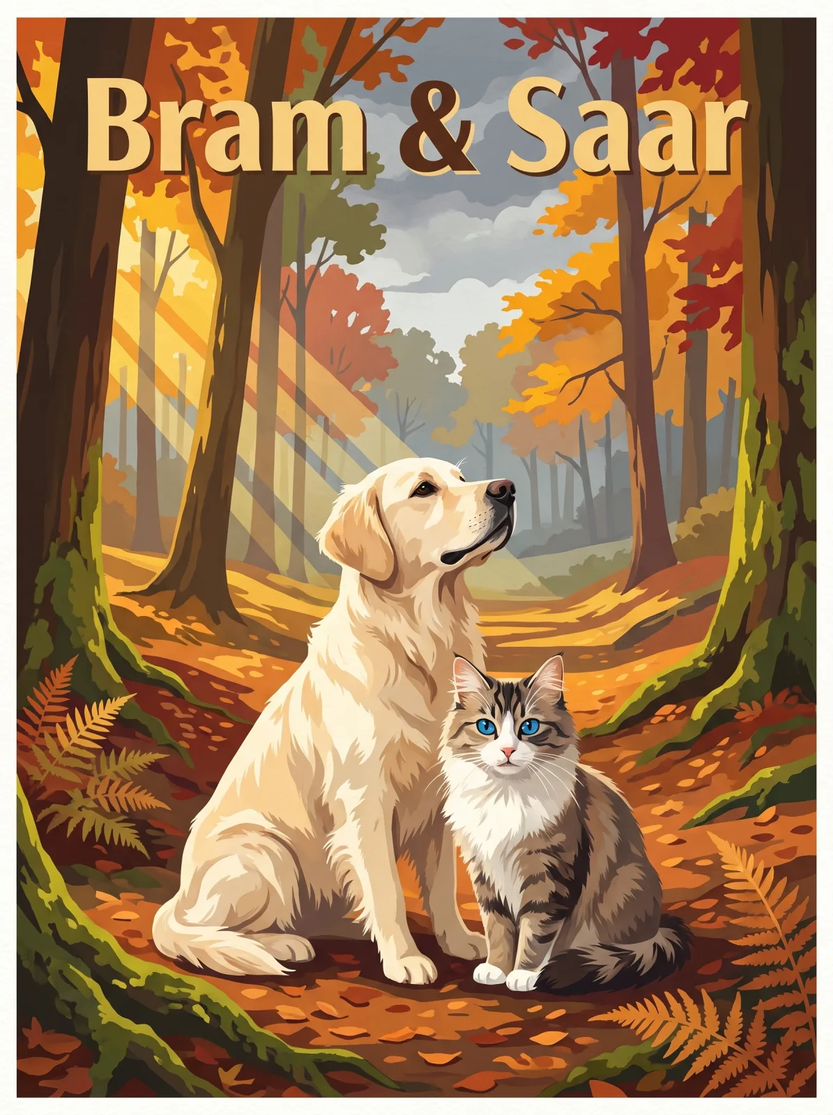 Vintage poster of a golden retriever and a tabby cat on a forest path in autumn leaves