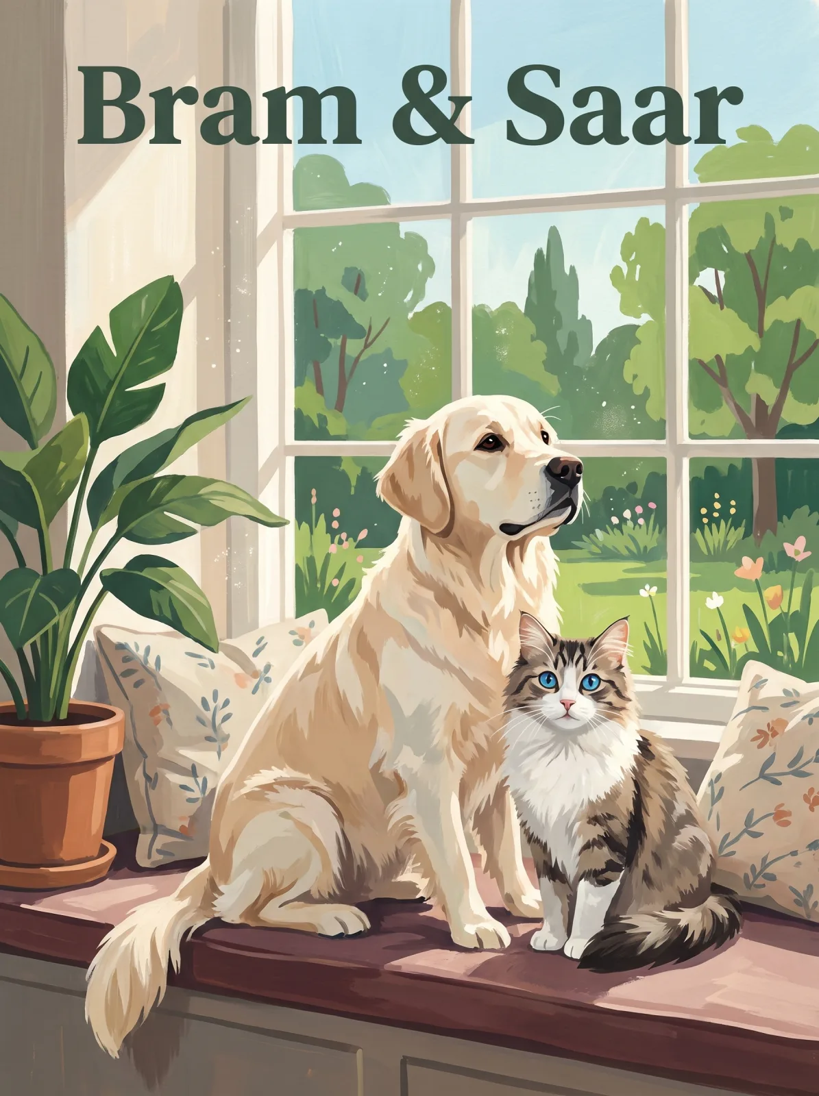 Vintage poster of a golden retriever and a tabby cat on a sunny window seat with linen cushions and a plant