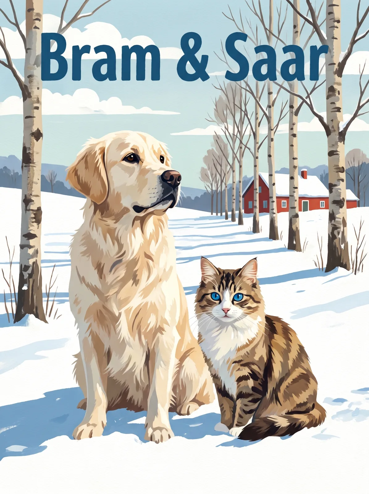 Vintage poster of a golden retriever and a tabby cat in fresh snow with birches and a red farmhouse