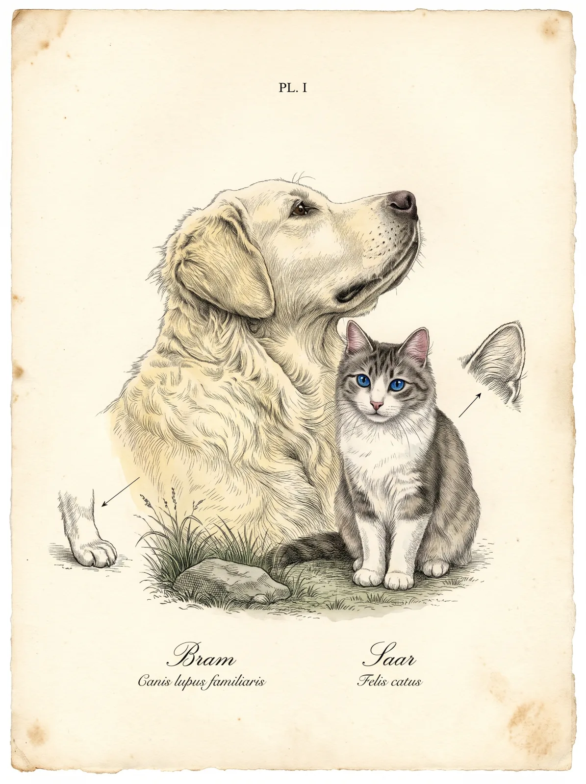 Field Study atlas plate of a golden retriever and a blue-eyed tabby cat with captions Bram, Canis lupus familiaris and Saar, Felis catus