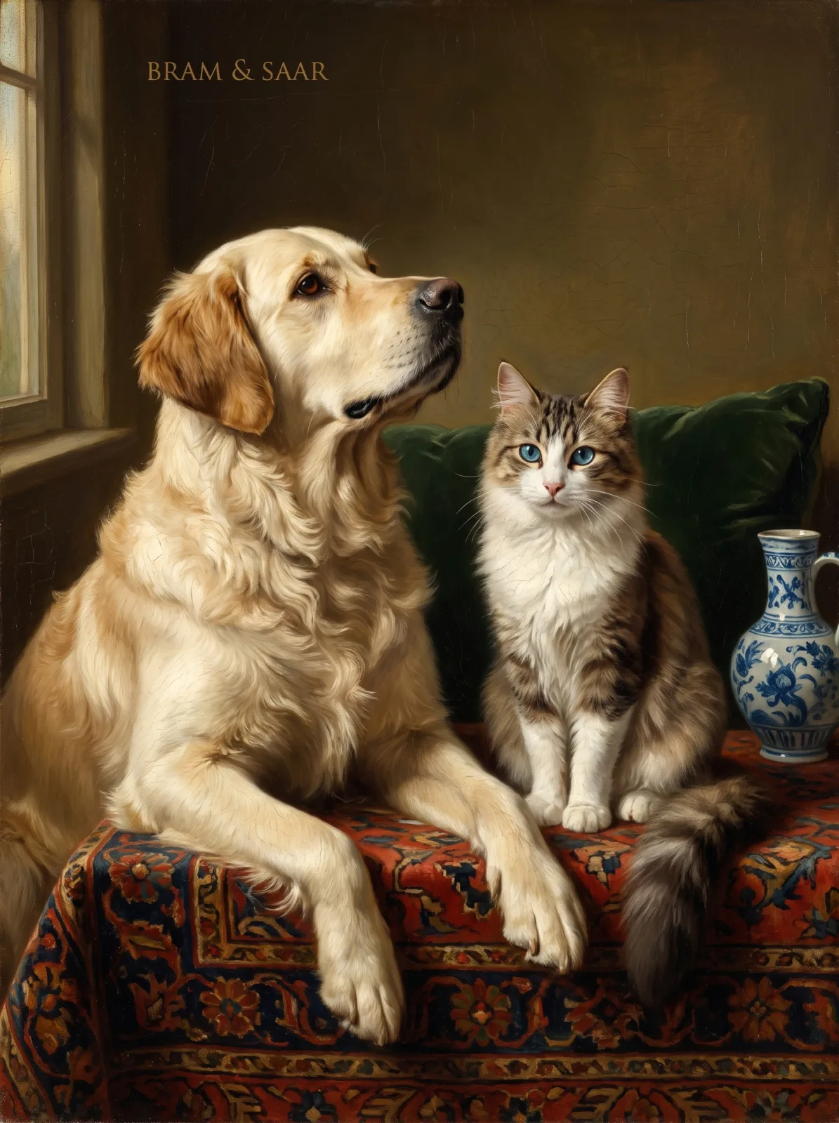 Old Master style portrait of a golden retriever and a tabby cat on a Turkish carpet in soft window light