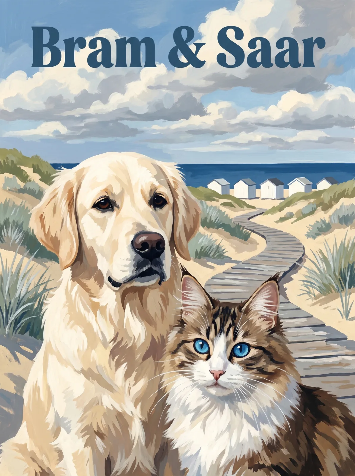 Vintage travel poster of a golden retriever and a tabby cat in the dunes with a boardwalk and beach huts, titled Bram & Saar