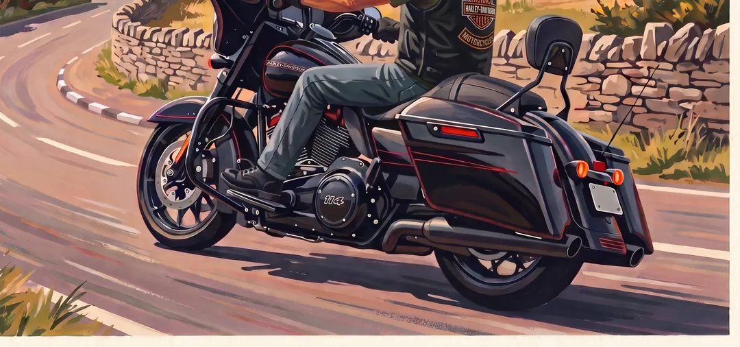 Detail of a vintage poster of a black Harley-Davidson Street Glide riding past stone walls on the Isle of Man