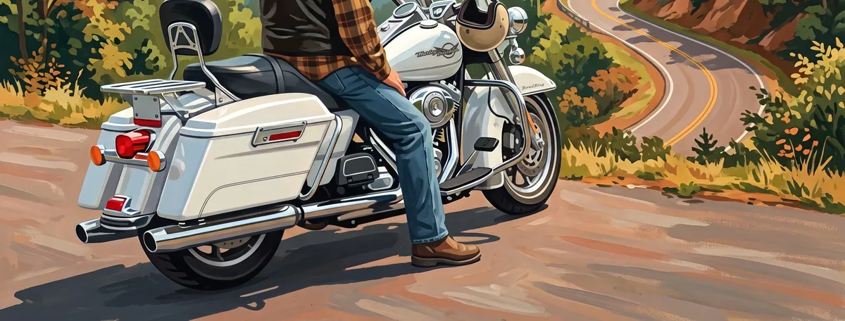 Detail of a vintage poster of a white Harley-Davidson Road King parked at an overlook above winding mountain roads