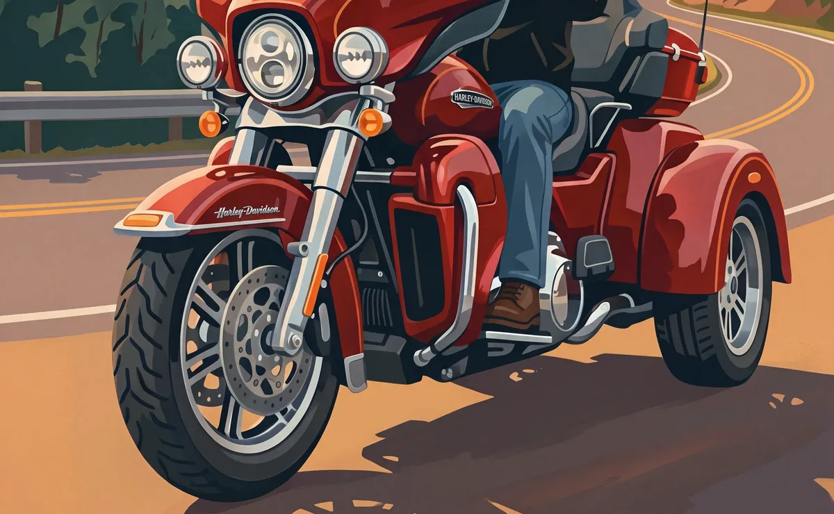Detail of a vintage poster of a red Harley-Davidson Tri Glide Ultra on a mountain road